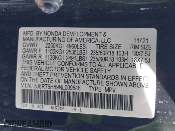 2022 Honda CR-V EX-L with VIN 5J6RT6H89NL009646, listed as a IAAI auction lot 41758189 with 26,256 mi miles and . Bid and sale history available at DreamBid. Image 9.