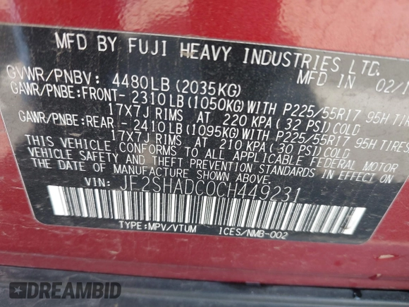 2012 Subaru Forester X Premium with VIN JF2SHADC0CH449231, listed as a IAAI auction lot 42283262 with 71,407 mi miles and . Bid and sale history available at DreamBid. Image 9.