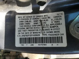 2015 Honda Civic Sedan LX with VIN 2HGFB2F52FH509628, listed as a Copart auction lot 46159885 with 150,759 mi miles and Salvage Title. Bid and sale history available at carsss.com. Image 13.