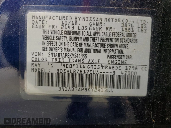 2019 Nissan Sentra S z VIN 3N1AB7AP8KY241366, wystawiony jako Copart lot #53516975 z przebiegiem 55 029 mil mil oraz Szkoda całkowita • Salvage title. Historia ofert i sprzedaży dostępna na DreamBid. Obrazek 12.