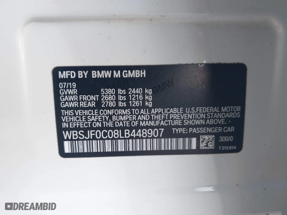 2020 BMW M5 Competition with VIN WBSJF0C08LB448907, listed as a IAAI auction lot 41433298 with 47,956 mi miles. Bid and sale history available at carsss.com. Image 9.