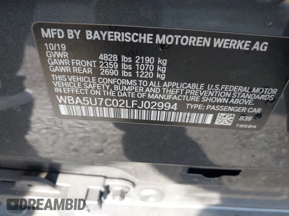 2020 BMW 3 Series M340i with VIN WBA5U7C02LFJ02994, listed as a IAAI auction lot 41848165 with 59,220 mi miles. Bid and sale history available at carsss.com. Image 9.