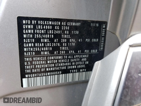 2016 Volkswagen Tiguan SE with VIN WVGBV7AX5GW060549, listed as a Copart auction lot 54997694 with 81,567 mi miles and Salvage Title. Bid and sale history available at DreamBid. Image 13.