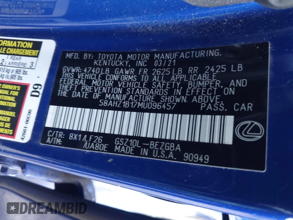 2021 Lexus ES 350 F Sport with VIN 58AHZ1B17MU096457, listed as a IAAI auction lot 41401292 with 38,265 mi miles and . Bid and sale history available at DreamBid. Image 9.