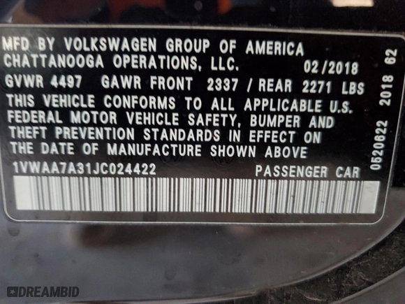 2018 Volkswagen Passat 2.0T S with VIN 1VWAA7A31JC024422, listed as a Copart auction lot 52617095 with 101,834 mi miles and Salvage Title. Bid and sale history available at carsss.com. Image 12.
