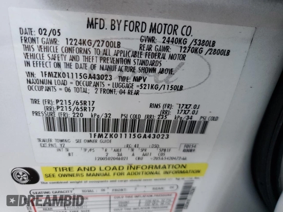 2005 Ford Freestyle SE with VIN 1FMZK01115GA43023, listed as a Copart auction lot 84874164 with 118,094 mi miles and Salvage Title. Bid and sale history available at carsss.com. Image 14.