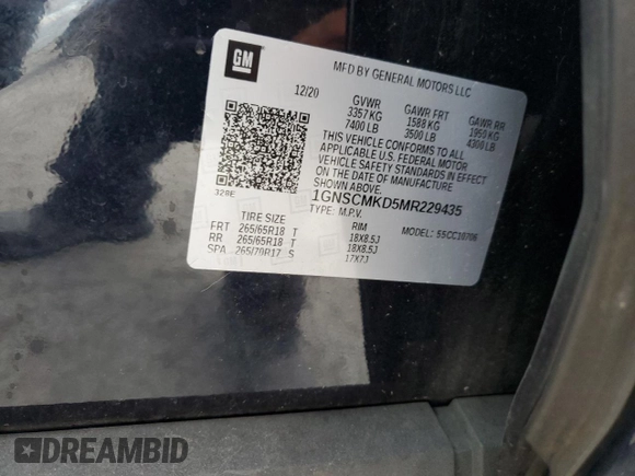 2021 Chevrolet Tahoe LS z VIN 1GNSCMKD5MR229435, wystawiony jako Copart lot #81240864 z przebiegiem 103 660 mil mil oraz Nie do naprawy • Non repairable. Historia ofert i sprzedaży dostępna na DreamBid. Obrazek 16.