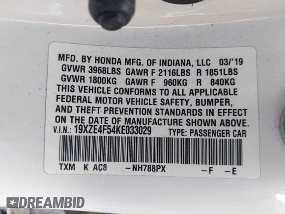 2019 Honda Insight EX with VIN 19XZE4F54KE033029, listed as a IAAI auction lot 41972665 with 75,281 mi miles and . Bid and sale history available at DreamBid. Image 9.