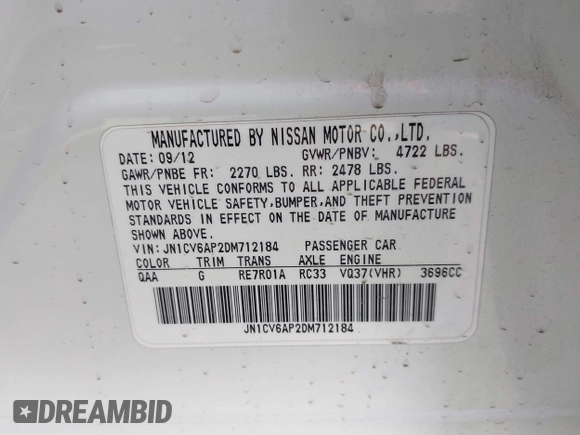 2013 Infiniti G37 Journey with VIN JN1CV6AP2DM712184, listed as a IAAI auction lot 42314475 with Not provided miles and . Bid and sale history available at DreamBid. Image 9.