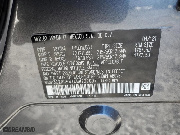 2021 Honda HR-V EX-L with VIN 3CZRU5H7XMM727007, listed as a Copart auction lot 89379135 with 20,061 mi miles and Salvage Title. Bid and sale history available at carsss.com. Image 13.