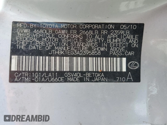 2010 Lexus ES 330 with VIN JTHBK1EG3A2395858, listed as a Copart auction lot 53856785 with Not Provided miles and Salvage Title. Bid and sale history available at DreamBid. Image 12.