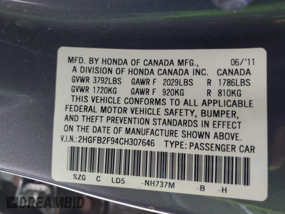2012 Honda Civic EX-L with VIN 2HGFB2F94CH307646, listed as a IAAI auction lot 42006923 with 260,917 mi miles and . Bid and sale history available at DreamBid. Image 9.
