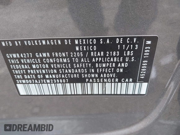 2014 Volkswagen Jetta SE with VIN 3VWD07AJ7EM239807, listed as a IAAI auction lot 42457159 with 72,637 mi miles and . Bid and sale history available at DreamBid. Image 9.