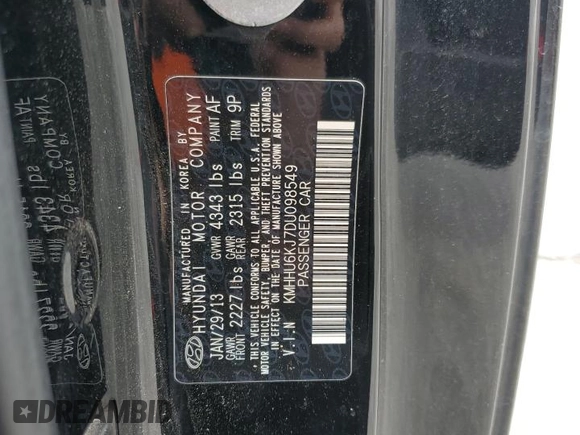 2013 Hyundai Genesis Coupe Grand Touring with VIN KMHHU6KJ7DU098549, listed as a Copart auction lot 57815265 with 115,763 mi miles and Salvage title. Bid and sale history available at DreamBid. Image 12.