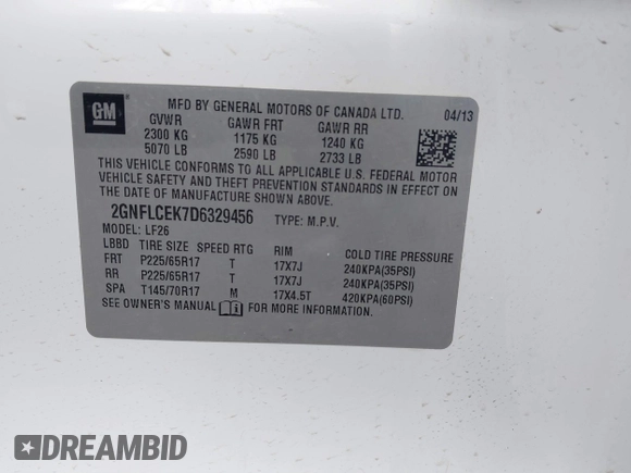 2013 Chevrolet Equinox LS z VIN 2GNFLCEK7D6329456, wystawiony jako IAAI lot #41800023 z przebiegiem 187 500 mil mil oraz . Historia ofert i sprzedaży dostępna na DreamBid. Obrazek 9.