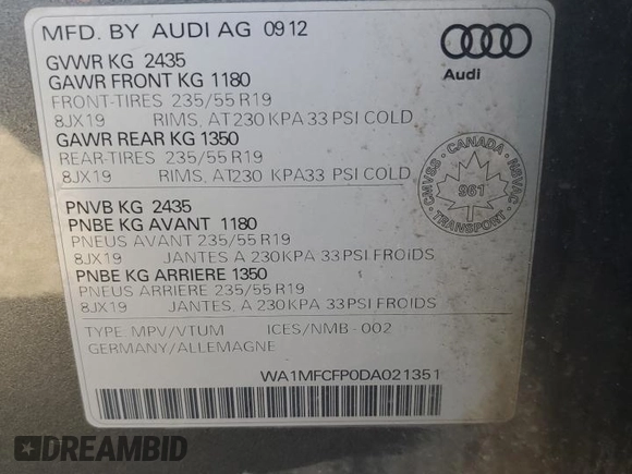 2013 Audi Q5 z VIN WA1MFCFP0DA021351, wystawiony jako Copart lot #52683865 z przebiegiem 214 698 mil mil oraz Szkoda całkowita • Salvage title. Historia ofert i sprzedaży dostępna na DreamBid. Obrazek 13.