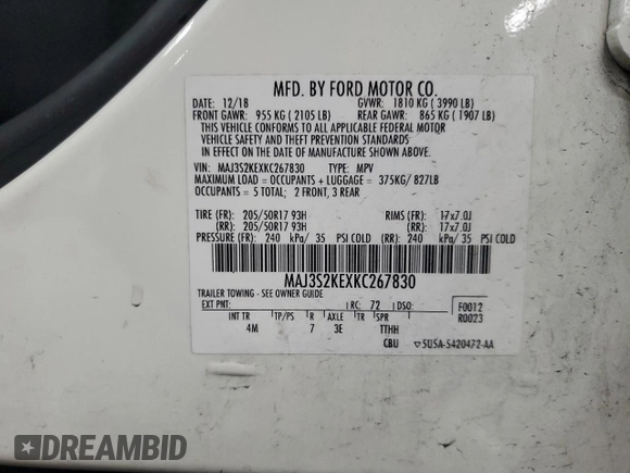 2019 Ford EcoSport Titanium with VIN MAJ3S2KEXKC267830, listed as a Copart auction lot 54742805 with 68,292 mi miles and Clean Title. Bid and sale history available at DreamBid. Image 14.