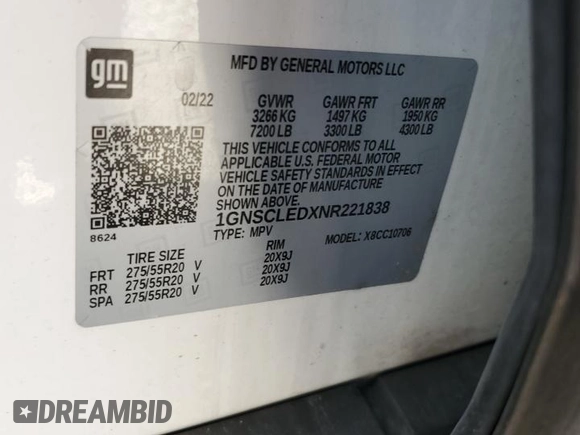 2022 Chevrolet Tahoe Commercial z VIN 1GNSCLEDXNR221838, wystawiony jako Copart lot #52628815 z przebiegiem Nie podano mil oraz Szkoda całkowita • Salvage title. Historia ofert i sprzedaży dostępna na DreamBid. Obrazek 12.