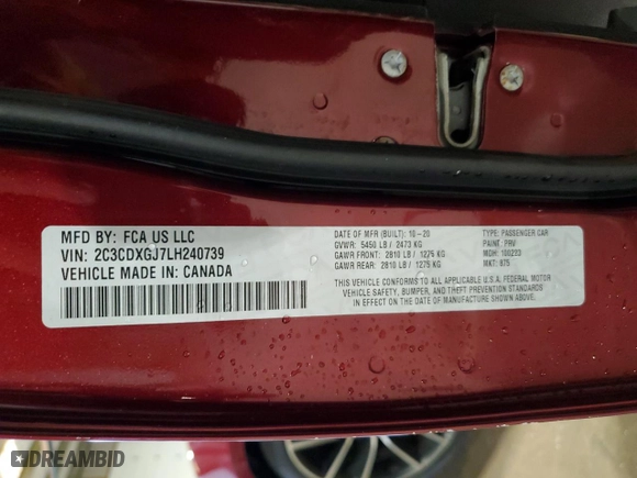 2020 Dodge Charger Scat Pack with VIN 2C3CDXGJ7LH240739, listed as a Copart auction lot 50226955 with 32,579 mi miles and Salvage Title. Bid and sale history available at carsss.com. Image 12.