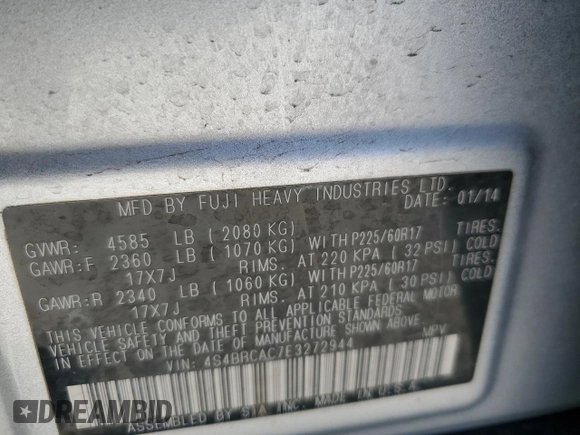 2014 Subaru Outback 2.5i with VIN 4S4BRCAC7E3272944, listed as a Copart auction lot 61164435 with 117,391 mi miles and Salvage title. Bid and sale history available at DreamBid. Image 12.