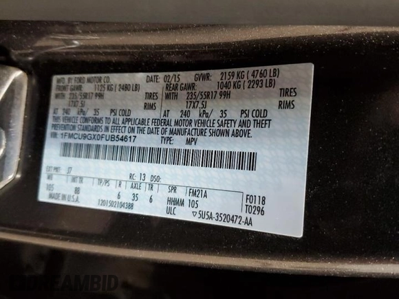 2015 Ford Escape SE with VIN 1FMCU9GX0FUB54617, listed as a Copart auction lot 53537945 with 100,283 mi miles and Salvage Title. Bid and sale history available at carsss.com. Image 13.