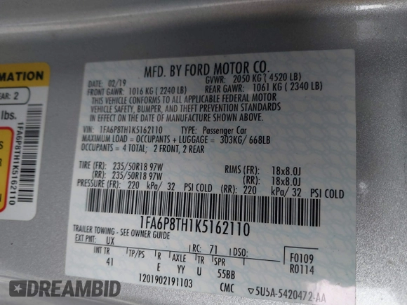 2019 Ford Mustang EcoBoost with VIN 1FA6P8TH1K5162110, listed as a IAAI auction lot 41626756 with 77,317 mi miles and . Bid and sale history available at carsss.com. Image 9.