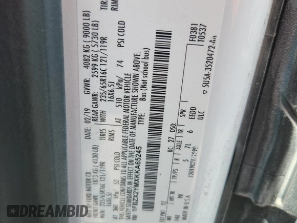 2019 Ford Transit Passenger XL с VIN 1FBZX2YMXKKA65245, выставлен на аукционе Copart как лот 62299015 с пробегом Не указан миль и Чистый • Clean title. История ставок и продаж доступна на DreamBid. Изображение 12.