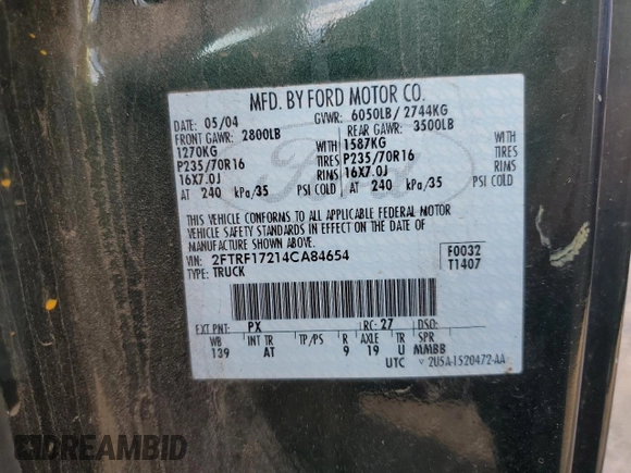 2004 Ford F-150 XL with VIN 2FTRF17214CA84654, listed as a Copart auction lot 46587125 with Not provided miles and Salvage title. Bid and sale history available at DreamBid. Image 12.