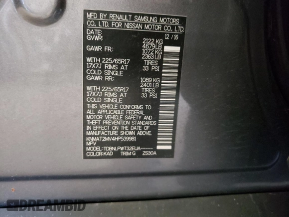 2017 Nissan Rogue SV с VIN KNMAT2MV4HP539981, выставлен на аукционе Copart как лот 52845485 с пробегом 56 939 миль миль и Списание • Salvage title. История ставок и продаж доступна на DreamBid. Изображение 13.