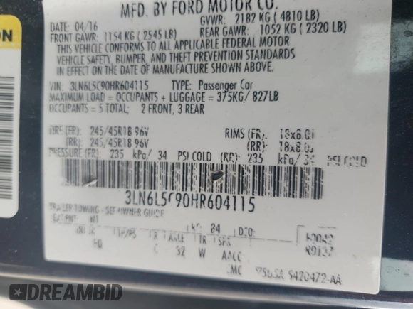 2017 Lincoln MKZ Select with VIN 3LN6L5C90HR604115, listed as a Copart auction lot 55383615 with 152,655 mi miles and Salvage title. Bid and sale history available at DreamBid. Image 12.