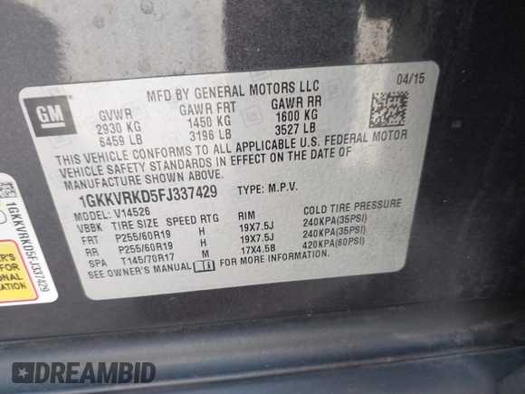 2015 GMC Acadia SLT with VIN 1GKKVRKD5FJ337429, listed as a IAAI auction lot 41772657 with 134,399 mi miles. Bid and sale history available at carsss.com. Image 9.