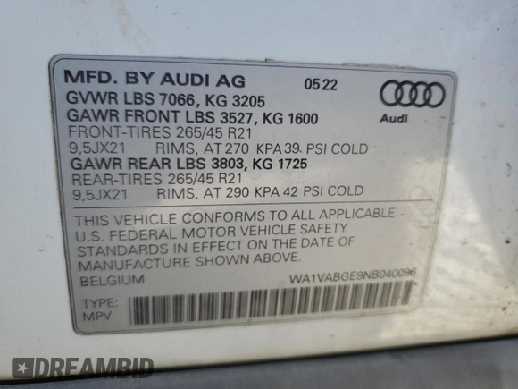 2022 Audi e-tron Chronos with VIN WA1VABGE9NB040096, listed as a Copart auction lot 44611785 with 49,609 mi miles and Salvage title. Bid and sale history available at DreamBid. Image 15.