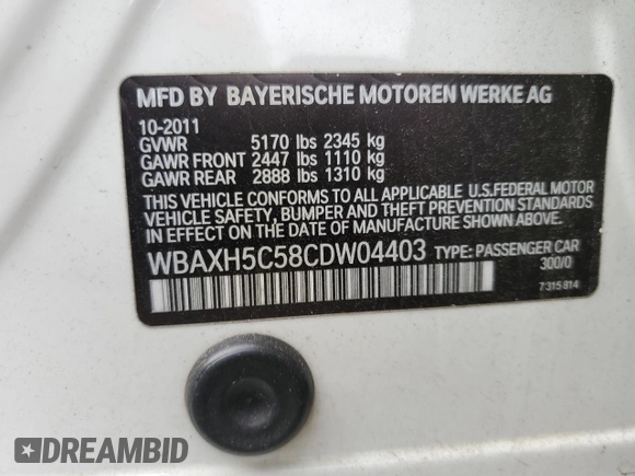 2012 BMW 5 Series 528i xDrive with VIN WBAXH5C58CDW04403, listed as a Copart auction lot 47270655 with Not Provided miles and Salvage Title. Bid and sale history available at DreamBid. Image 12.