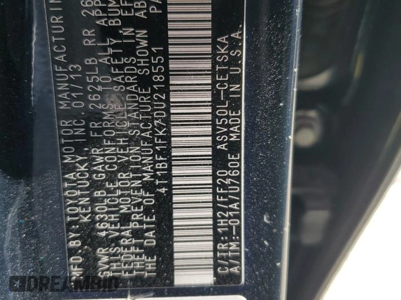 2013 Toyota Camry L with VIN 4T1BF1FK7DU218551, listed as a Copart auction lot 53918535 with 167,125 mi miles and Salvage Title. Bid and sale history available at carsss.com. Image 13.