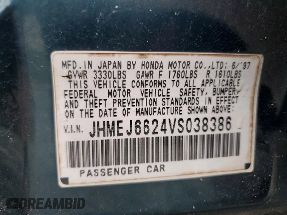 1997 Honda Civic DX with VIN JHMEJ6624VS038386, listed as a Copart auction lot 71541574 with 385,295 mi miles and Salvage Title. Bid and sale history available at carsss.com. Image 12.