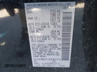 2015 Nissan Pathfinder Platinum with VIN 5N1AR2MN3FC668373, listed as a IAAI auction lot 42175275 with 169,913 mi miles. Bid and sale history available at carsss.com. Image 9.