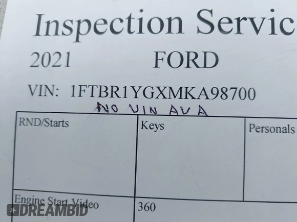 2021 Ford Transit с VIN 1FTBR1YGXMKA98700, выставлен на аукционе IAAI как лот 41805164 с пробегом Не указан миль и . История ставок и продаж доступна на DreamBid. Изображение 9.