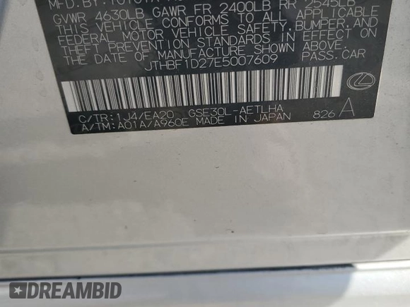 2014 Lexus IS 250 z VIN JTHBF1D27E5007609, wystawiony jako Copart lot #57139805 z przebiegiem 128 610 mil mil oraz Szkoda całkowita • Salvage title. Historia ofert i sprzedaży dostępna na DreamBid. Obrazek 12.
