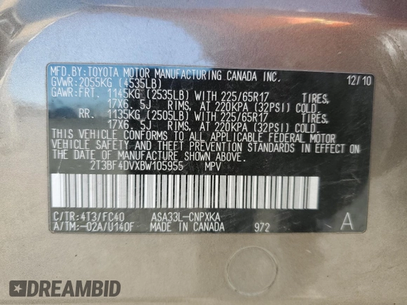 2011 Toyota RAV4 with VIN 2T3BF4DVXBW105955, listed as a Copart auction lot 53755285 with 125,484 mi miles and Salvage Title. Bid and sale history available at carsss.com. Image 13.