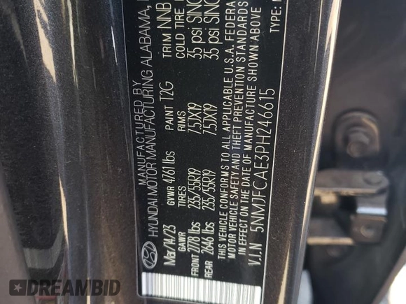 2023 Hyundai Tucson SEL z VIN 5NMJFCAE3PH246615, wystawiony jako Copart lot #69993734 z przebiegiem 6 455 mil mil oraz Szkoda całkowita • Salvage title. Historia ofert i sprzedaży dostępna na DreamBid. Obrazek 12.