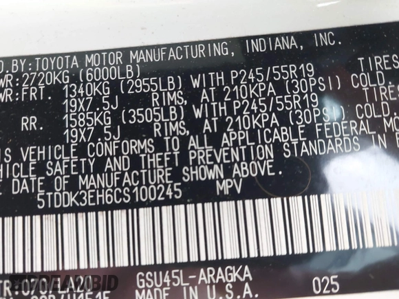 2012 Toyota Highlander Limited с VIN 5TDDK3EH6CS100245, выставлен на аукционе IAAI как лот 42125324 с пробегом 106 156 миль миль и . История ставок и продаж доступна на DreamBid. Изображение 9.