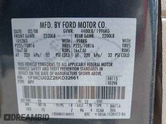 2008 Ford Escape XLS z VIN 1FMCU02Z28KD32661, wystawiony jako IAAI lot #42316426 z przebiegiem 184 552 mil mil oraz . Historia ofert i sprzedaży dostępna na DreamBid. Obrazek 9.