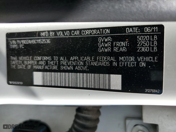 2012 Volvo S80 3.0L with VIN YV1902AH9C1152536, listed as a Copart auction lot 72549854 with 154,696 mi miles and Salvage Title. Bid and sale history available at carsss.com. Image 12.