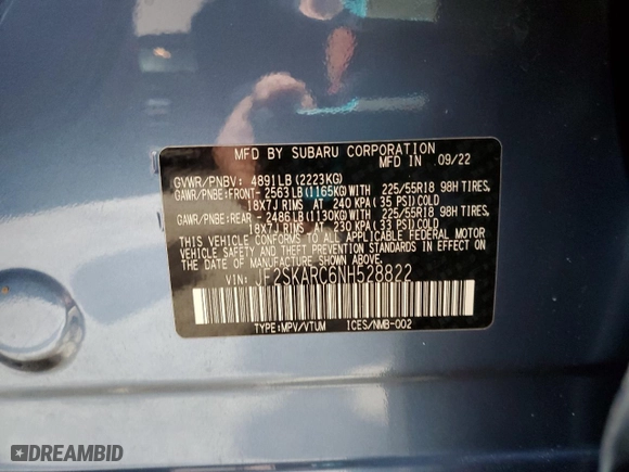 2022 Subaru Forester Touring with VIN JF2SKARC6NH528822, listed as a Copart auction lot 44236455 with 35,190 mi miles and Salvage Title. Bid and sale history available at carsss.com. Image 13.