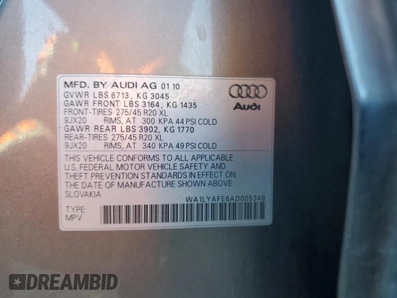 2010 Audi Q7 3.6L Premium Plus with VIN WA1LYAFE6AD005349, listed as a Copart auction lot 48368635 with 103,688 mi miles and Clean Title. Bid and sale history available at carsss.com. Image 13.