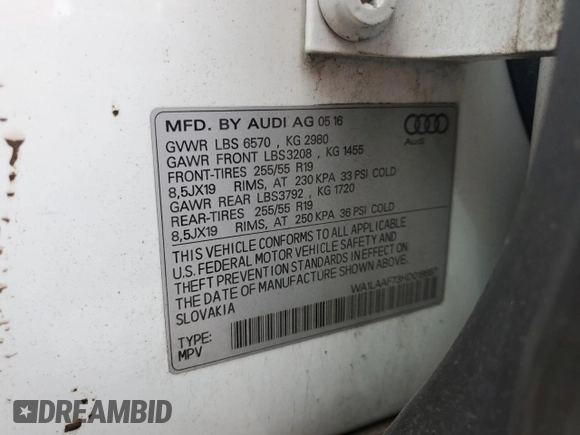2017 Audi Q7 Premium Plus with VIN WA1LAAF73HD018687, listed as a Copart auction lot 62917895 with 110,067 mi miles and Clean title. Bid and sale history available at DreamBid. Image 13.
