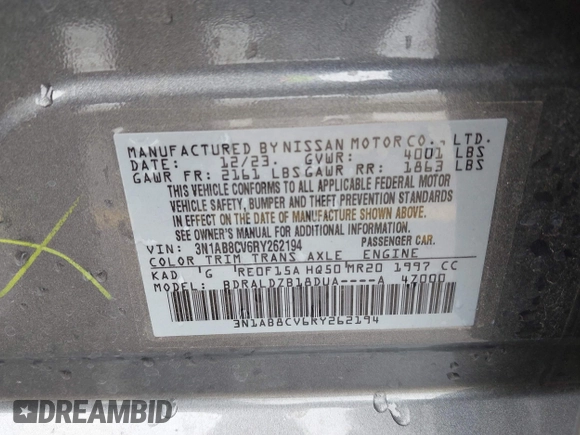 2024 Nissan Sentra SV with VIN 3N1AB8CV6RY262194, listed as a IAAI auction lot 41947048 with 5,629 mi miles and . Bid and sale history available at DreamBid. Image 9.