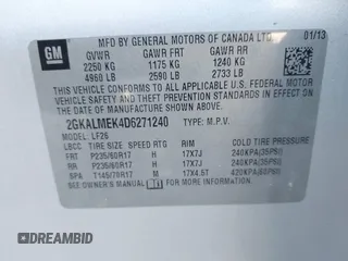 2013 GMC Terrain SLE z VIN 2GKALMEK4D6271240, wystawiony jako IAAI lot #41901723 z przebiegiem 72 626 mil mil oraz . Historia ofert i sprzedaży dostępna na DreamBid. Obrazek 9.
