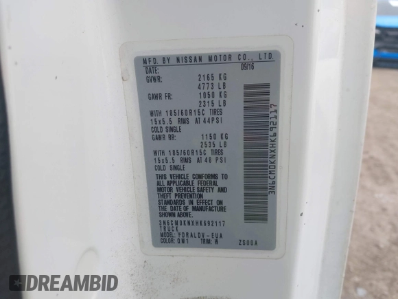2017 Nissan NV200 S with VIN 3N6CM0KNXHK692117, listed as a IAAI auction lot 42776431 with 217,961 mi miles and . Bid and sale history available at DreamBid. Image 9.