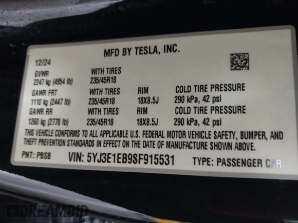 2025 Tesla Model 3 Long Range с VIN 5YJ3E1EB9SF915531, выставлен на аукционе IAAI как лот 42191805 с пробегом 3 333 миль миль и . История ставок и продаж доступна на DreamBid. Изображение 9.